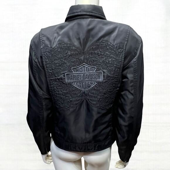 Harley-Davidson Black Nylon Bomber Jacket Quilted Lining & Embroidered Medium - Picture 13 of 13